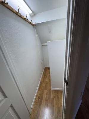 Finished under-stair closet with textured walls, wood-look flooring and a ceiling light